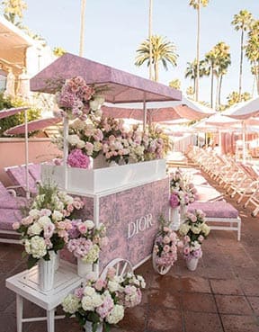 Pink floral cart with 'Dior' branding in a sunlit outdoor setting with palm trees.