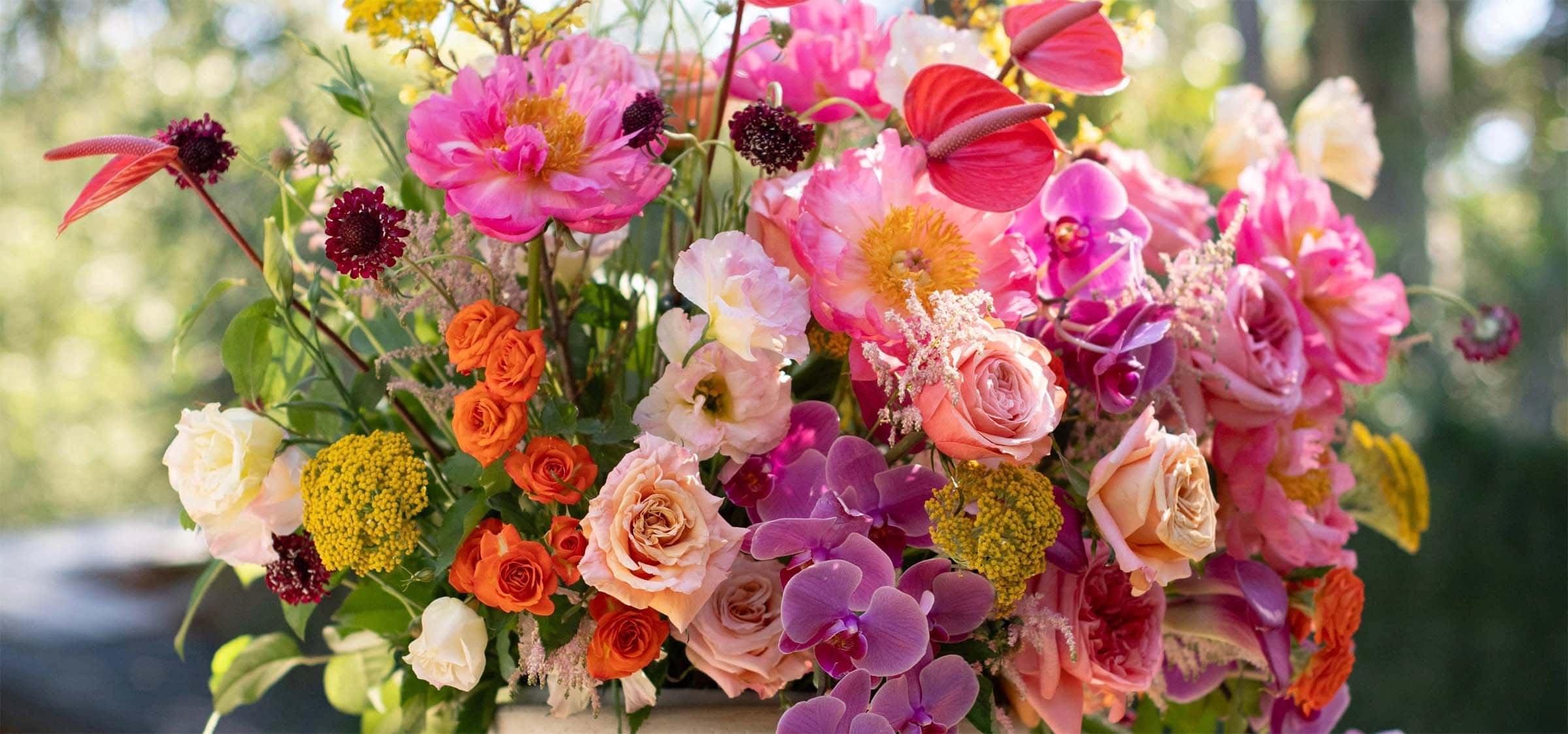 Colorful bouquet of flowers with pink, orange, and purple flowers.