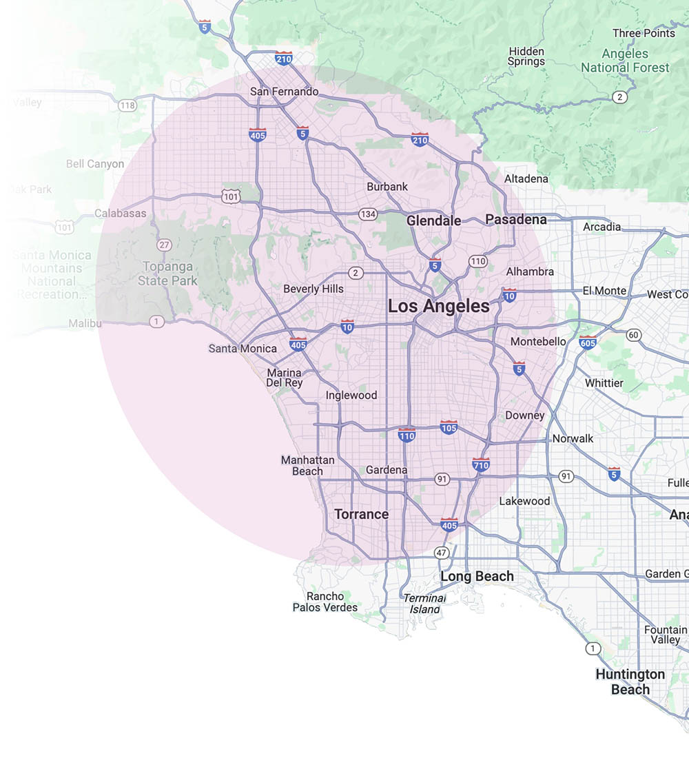 Map of Los Angeles area with a pink circle highlighting a specific region.